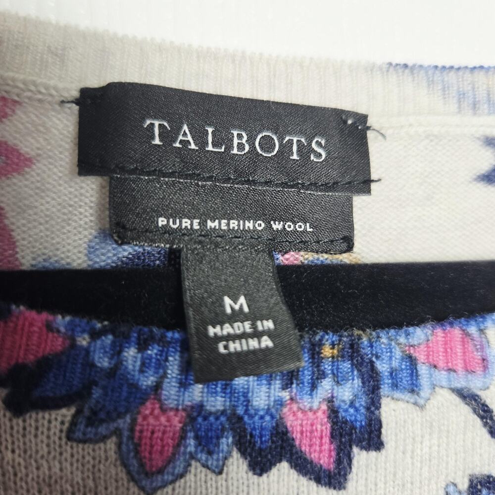 Talbots Sweater Womens M Gray Merino Wool Floral Print Crewneck Lightweight Knit - Picture 3 of 9